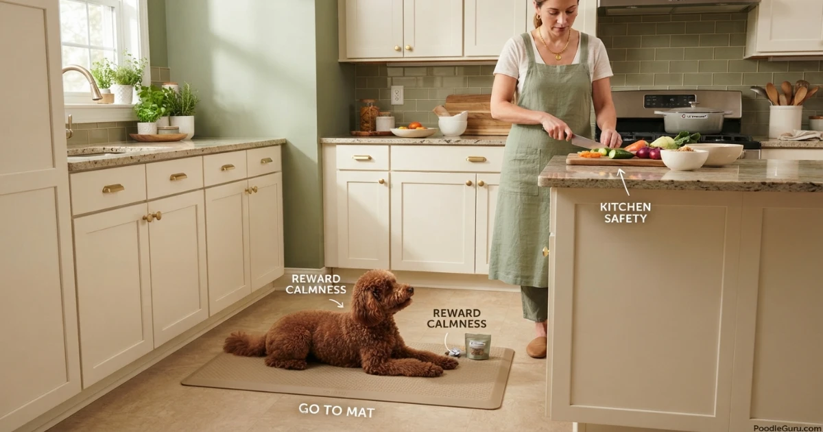 Poodle calmly resting on mat in kitchen instead of counter surfing