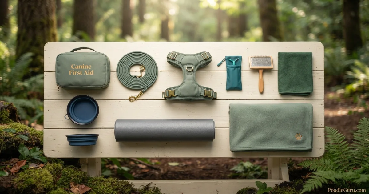Camping with a dog poodle gear checklist including long-line sleeping pad first aid and grooming tools