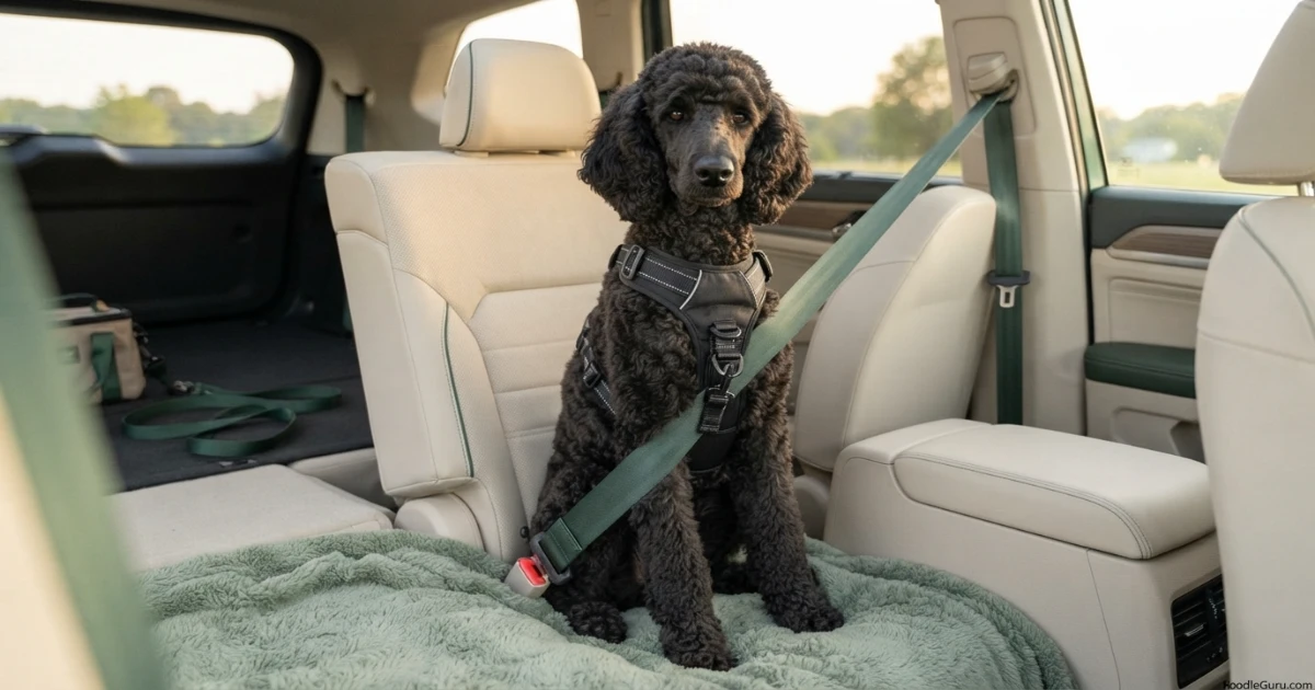 Miniature Poodle wearing a safe car harness with no collar tether