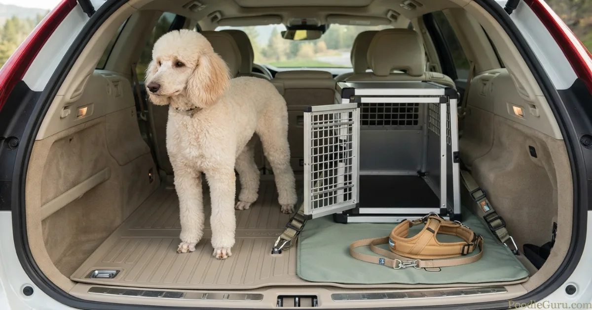 Standard Poodle beside secured travel crate and harness for car safety