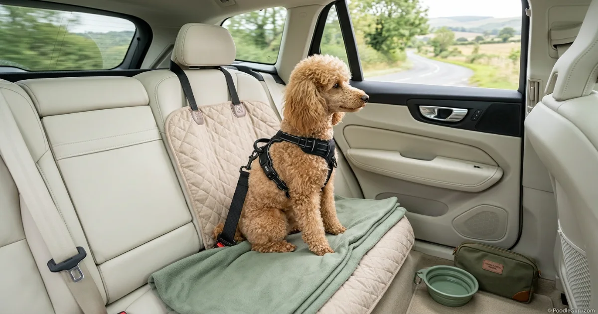 Miniature Poodle secured with a harness in a car during a relocation trip