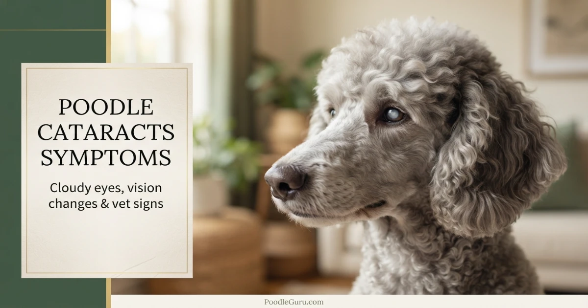 Profile of a silver Standard Poodle showing a cloudy cataract in one eye during a gentle eye health check