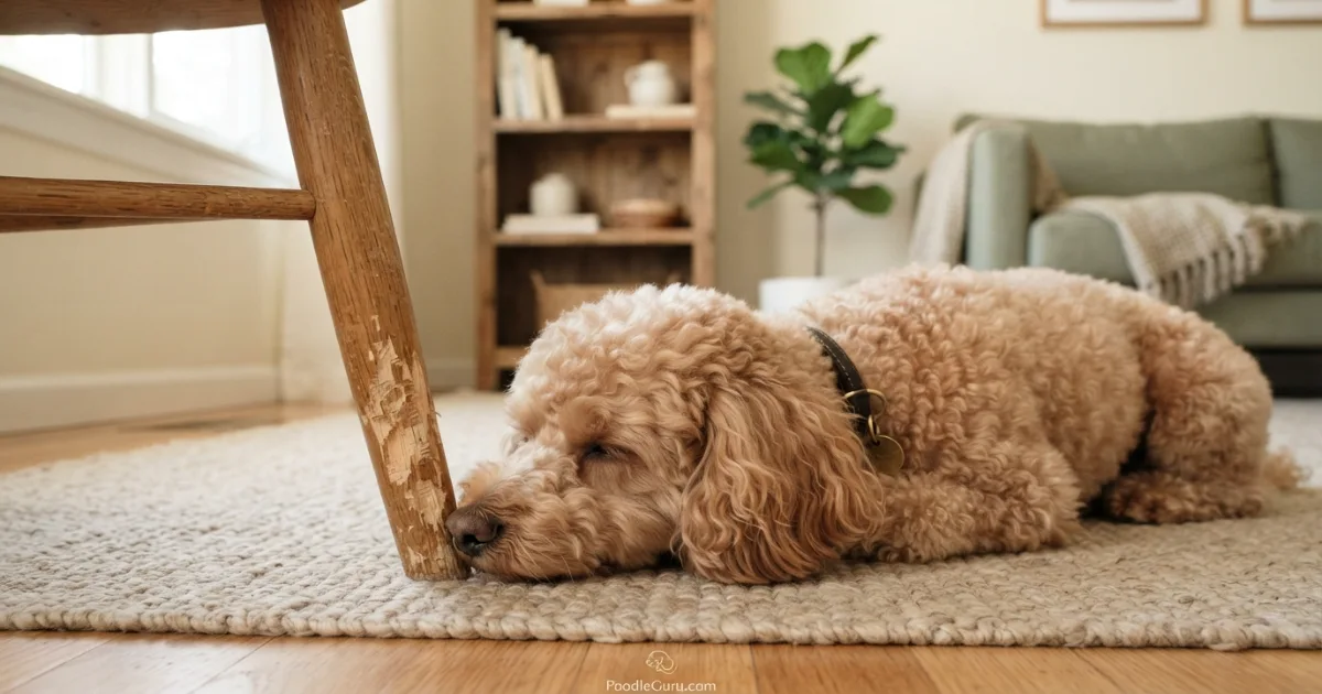 Poodle muzzle near a chewed wooden chair leg showing destructive chewing damage