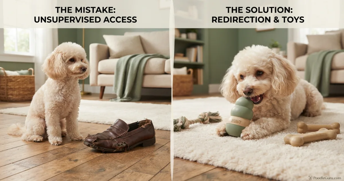 Split view: poodle near chewed shoe versus poodle happily chewing an appropriate toy on a rug