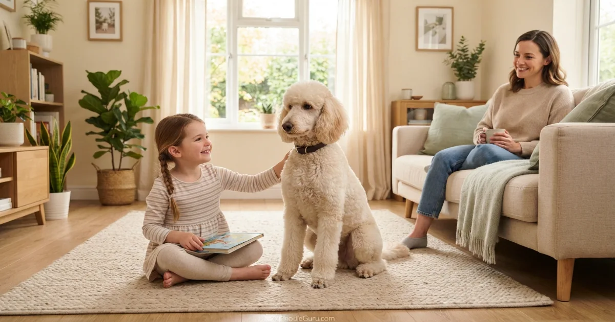 Standard Poodle sitting patiently with a child in a bright living room