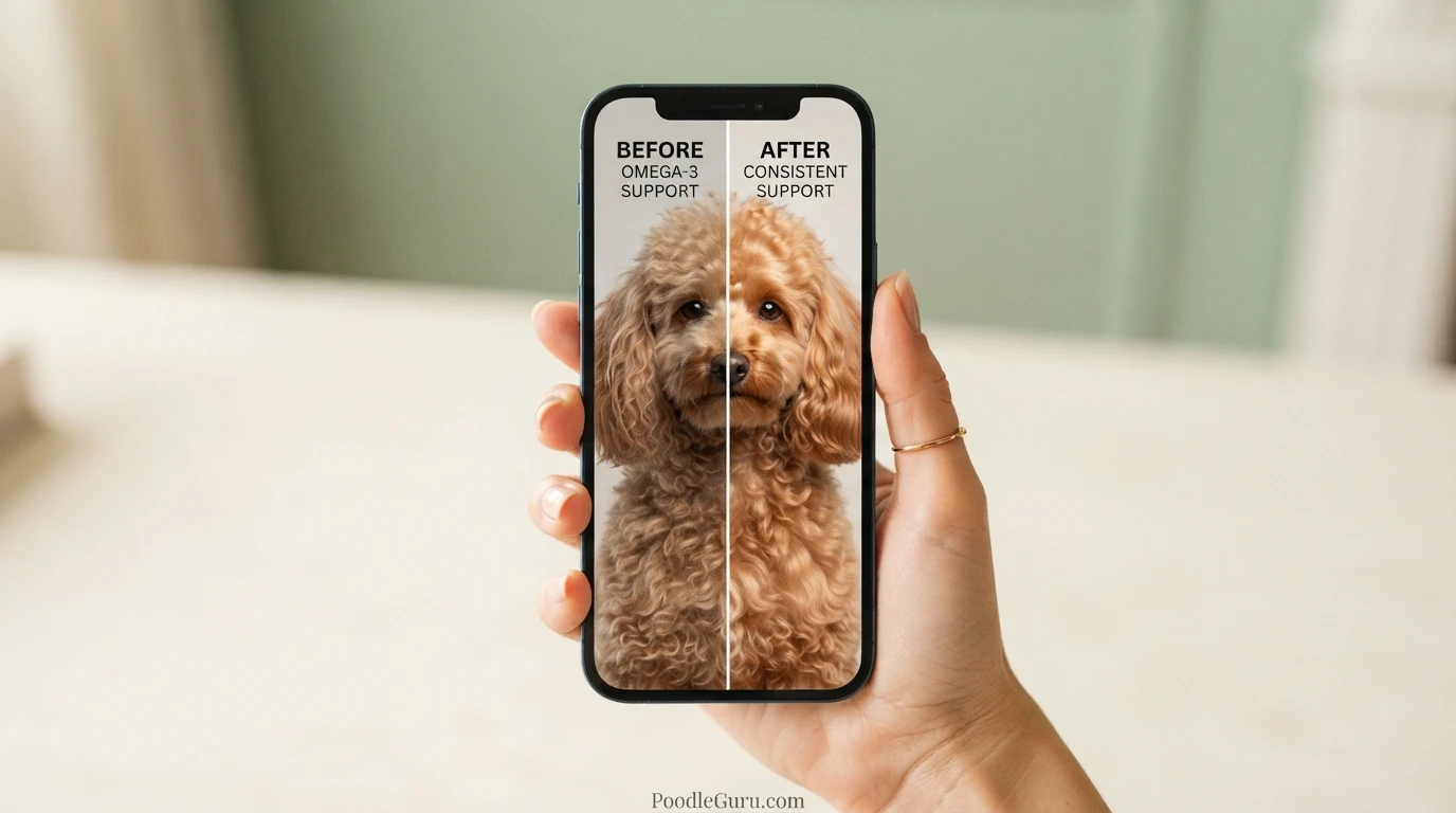 Smartphone showing before and after poodle coat comparison after omega-3 support