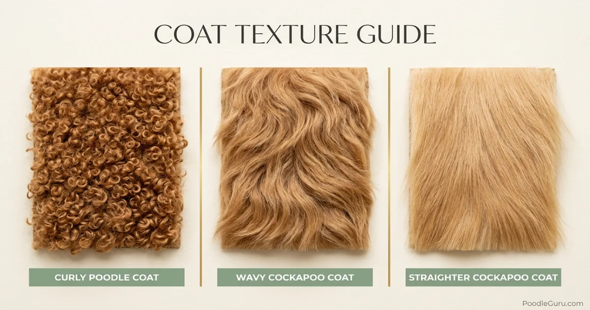 Poodle vs Cockapoo coat types showing curly Poodle fur and curly wavy straight Cockapoo textures