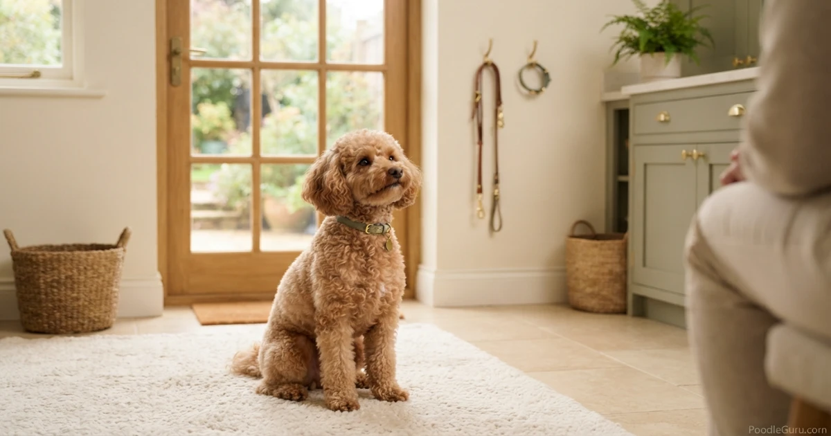 Apricot Toy Poodle sitting near door, hinting at a need to go outside