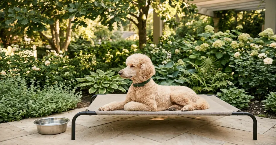 Standard Poodle resting on a raised cooling cot in the shade to reduce heat-related digging