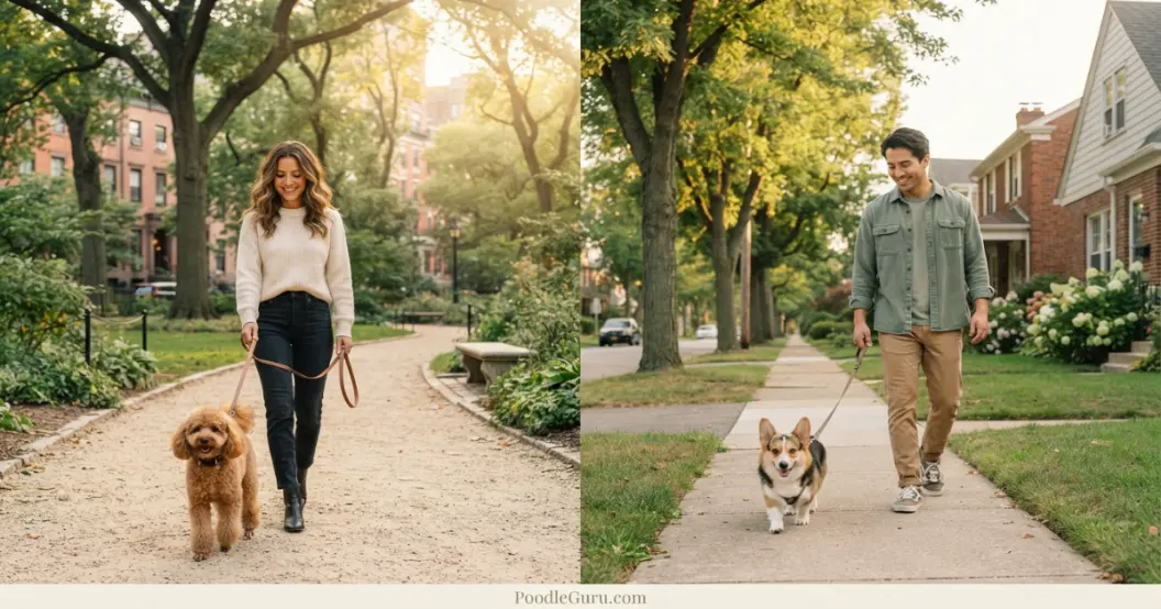 Happy Poodle and Corgi owners walking their dogs, reflecting poodle vs corgi lifestyle fit