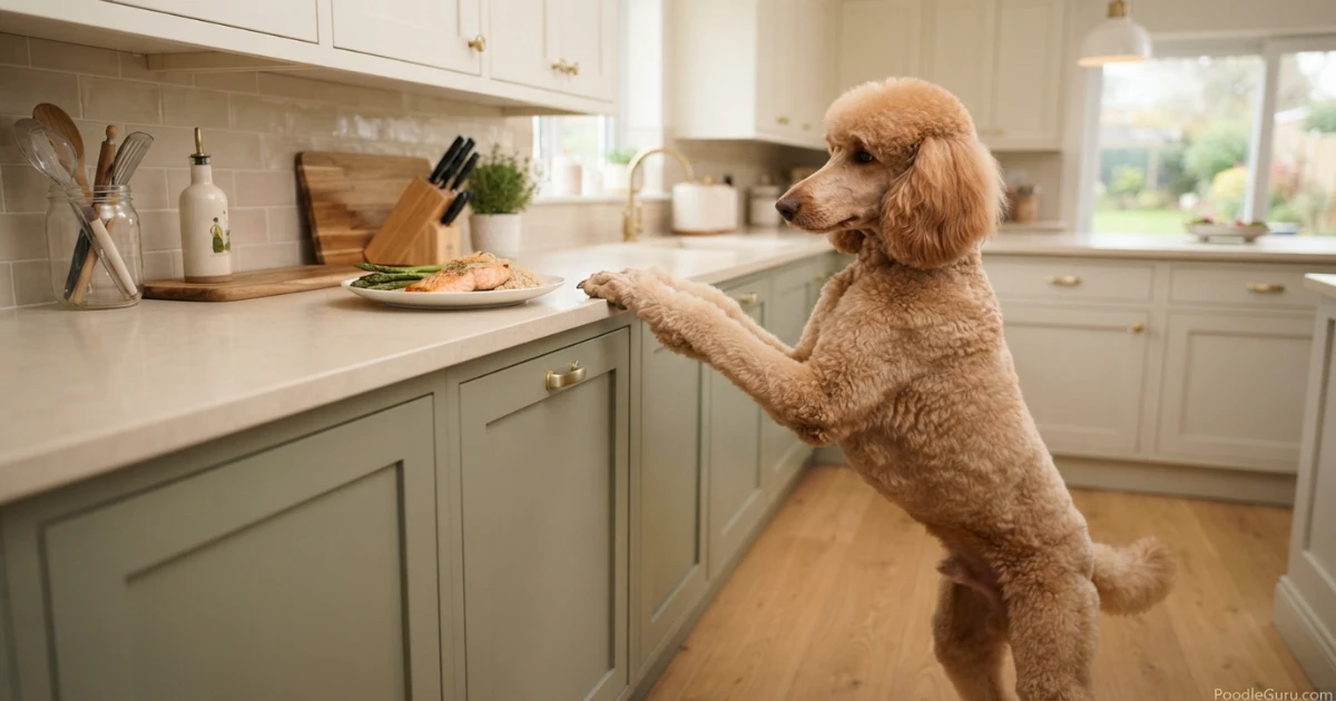 Poodle counter surfing behavior with paws near kitchen counter