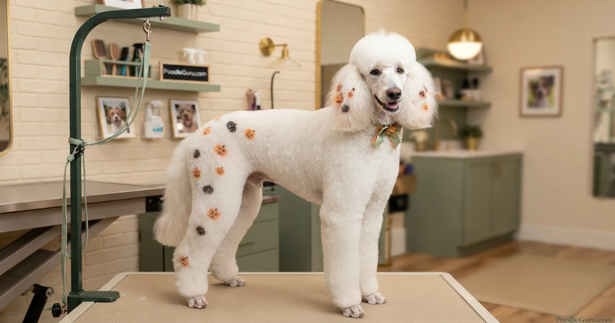 White Standard Poodle with pet-safe Halloween creative grooming pumpkin design