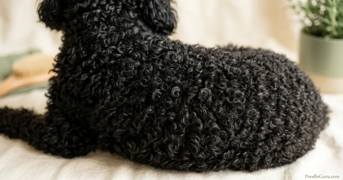 Close-up of a Poodle's tight curly coat showing the dense hypoallergenic texture
