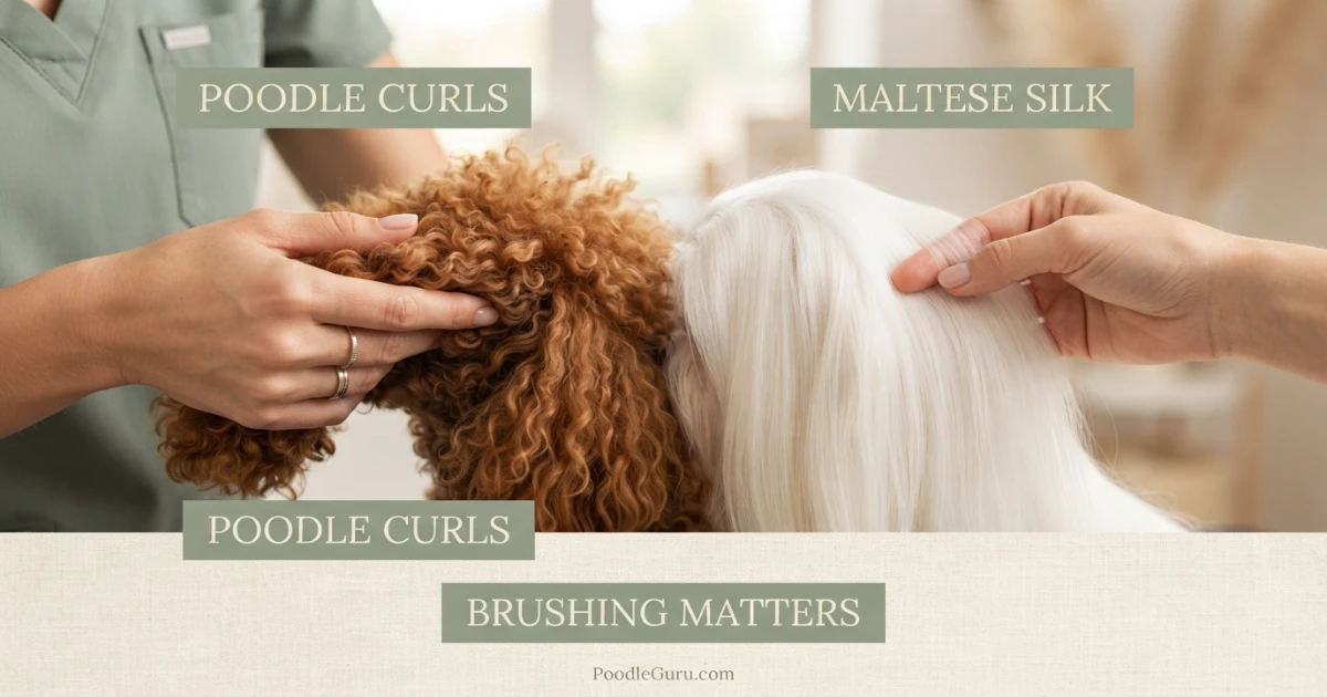 Close-up comparison of Poodle curly coat and Maltese silky straight coat texture