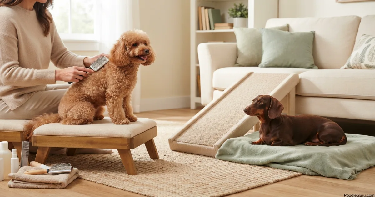 Poodle being groomed and Dachshund using a ramp — illustrating the different daily care priorities of each breed