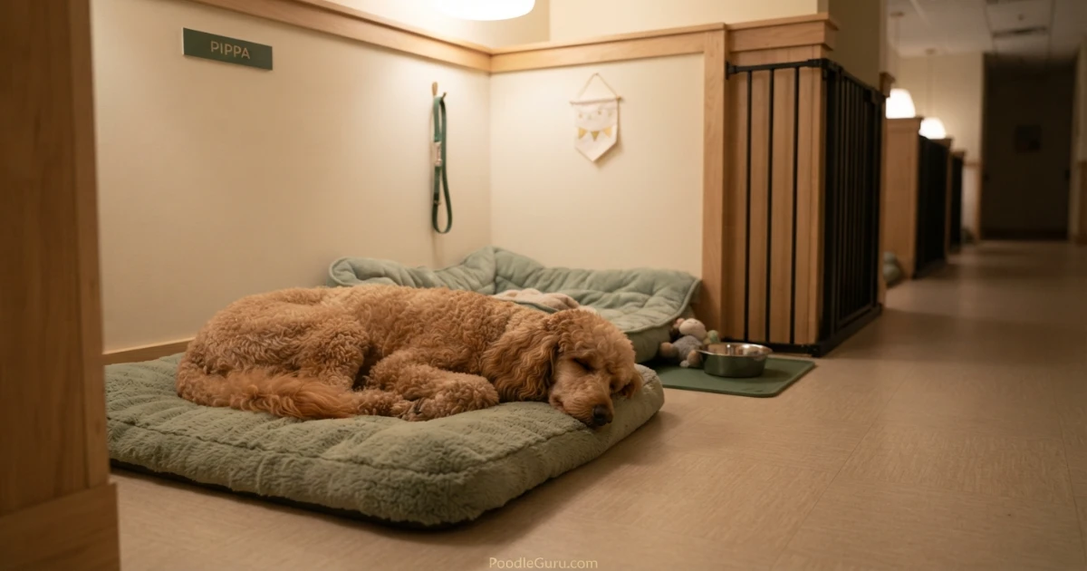 Standard Poodle resting during daycare quiet period in clean individual rest area