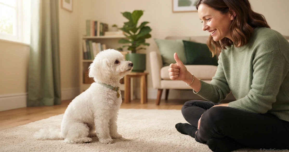 Poodle sitting and watching owner thumbs-up hand signal during deaf dog training