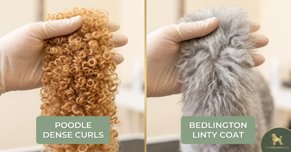 Poodle vs Bedlington Terrier coat texture comparison showing dense curls and linty coat