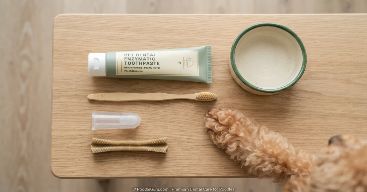 Dog dental care kit with toothpaste, brush, and chew — tools to address poodle bad breath causes