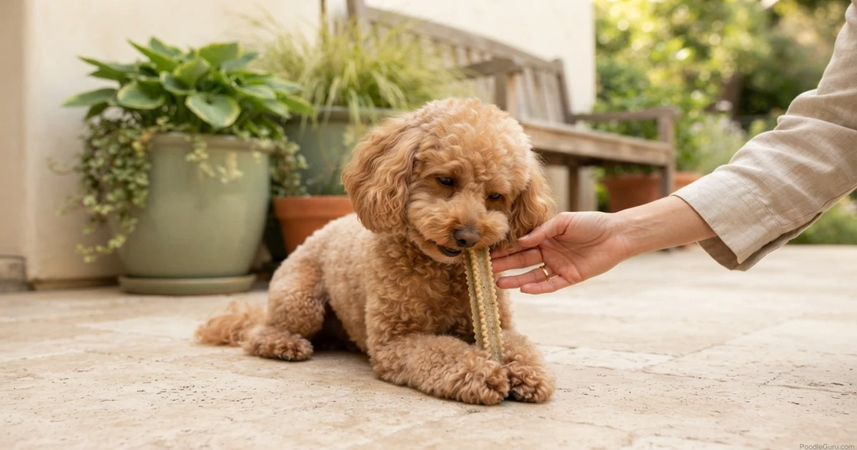 Miniature Poodle chewing a dental stick — mechanical action helps reduce poodle bad breath causes