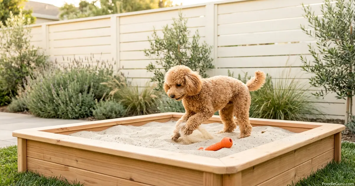 Toy Poodle digging in a designated sandbox as a humane way to stop poodle digging in the yard