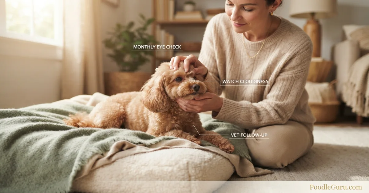 Owner checking Miniature Poodle eyes for diabetes monitoring at home