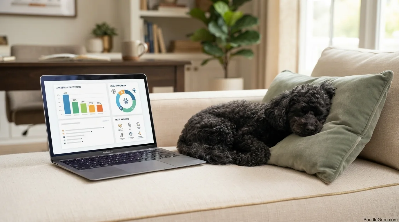 Toy Poodle beside a laptop displaying a generic dog DNA results dashboard