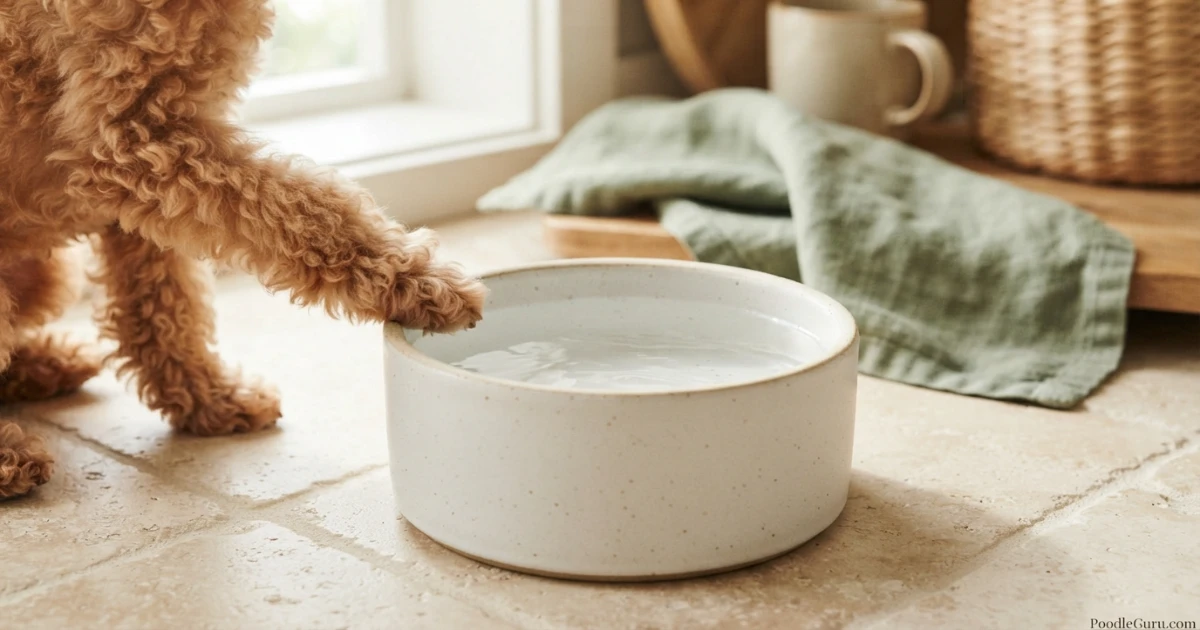 Poodle paw near a fresh water bowl, emphasizing hydration for digestive health