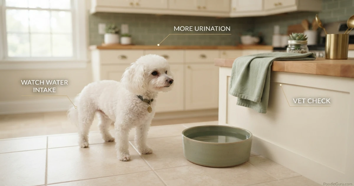 Toy Poodle beside water bowl showing diabetes thirst warning sign