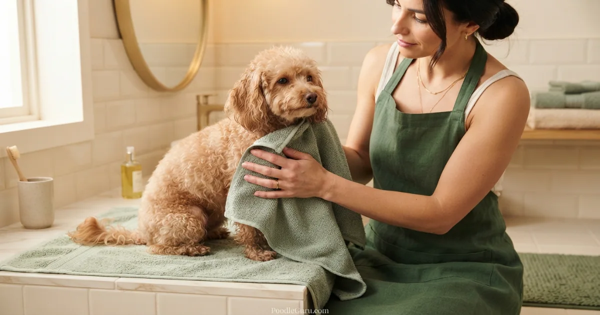 Miniature Poodle being dried thoroughly after a bath to prevent moisture buildup that leads to yeast infections