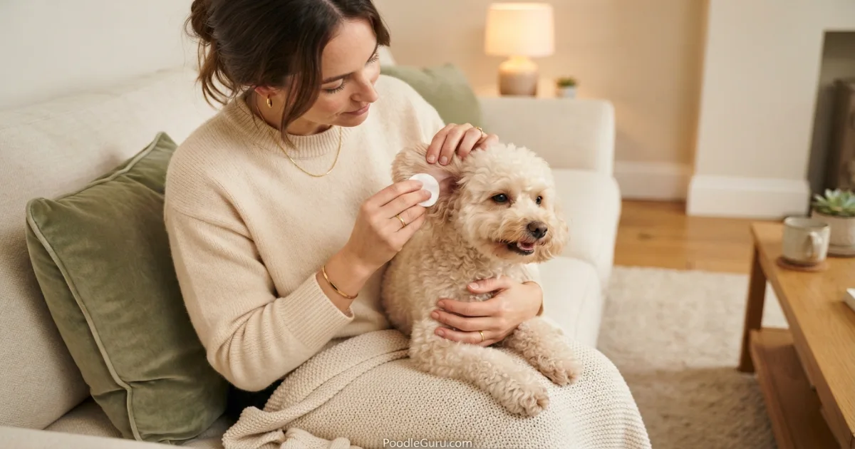 Owner inspecting Toy Poodle's ear for fleas and ticks in a cozy living room