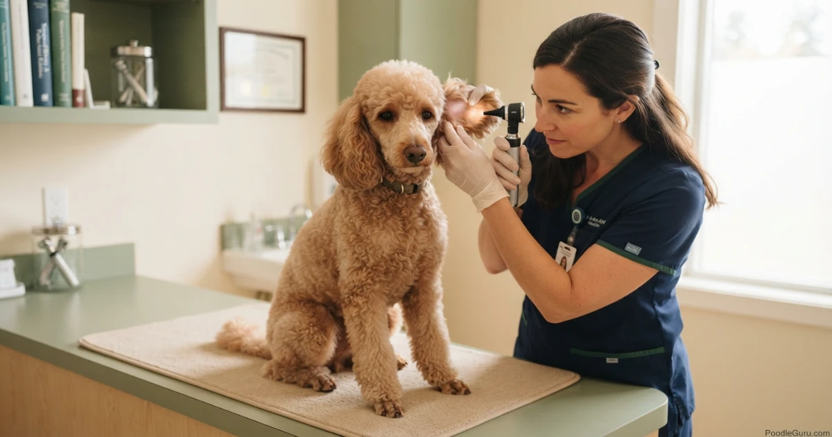Veterinarian using an otoscope to examine a poodle ear canal for possible hearing loss causes