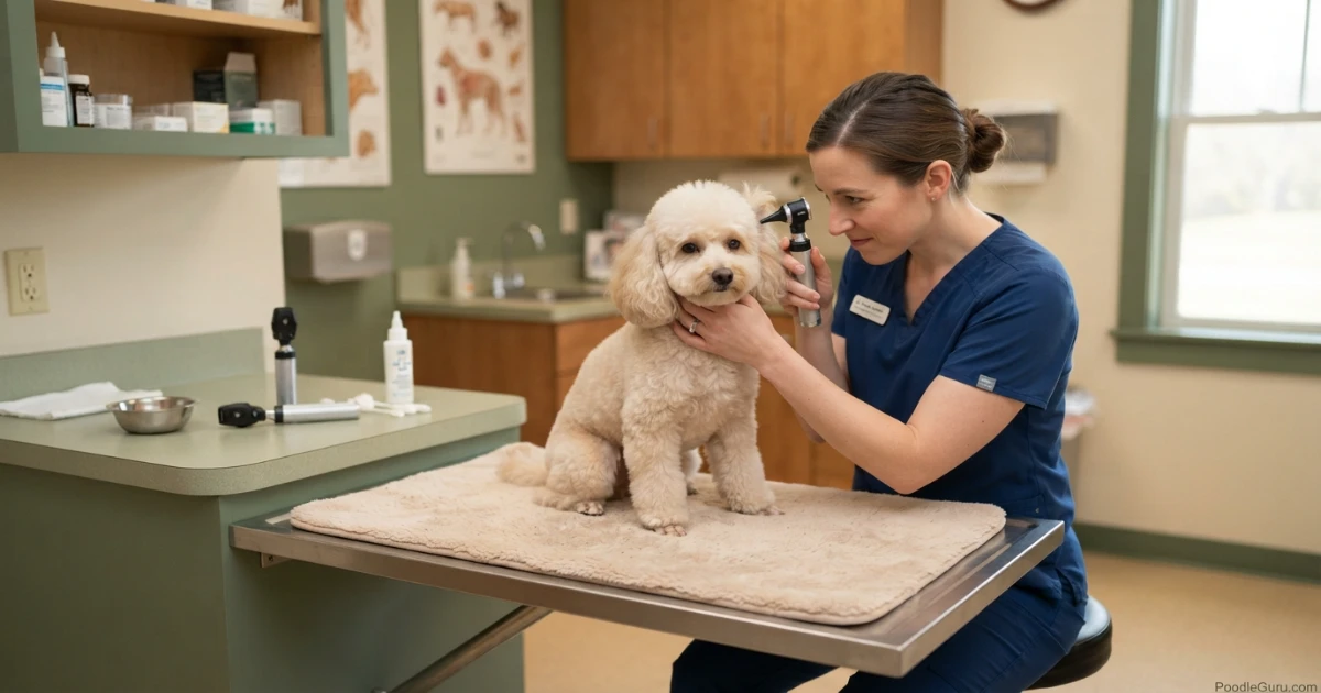 Veterinarian examining a Toy Poodle's ear with an otoscope to diagnose yeast infection