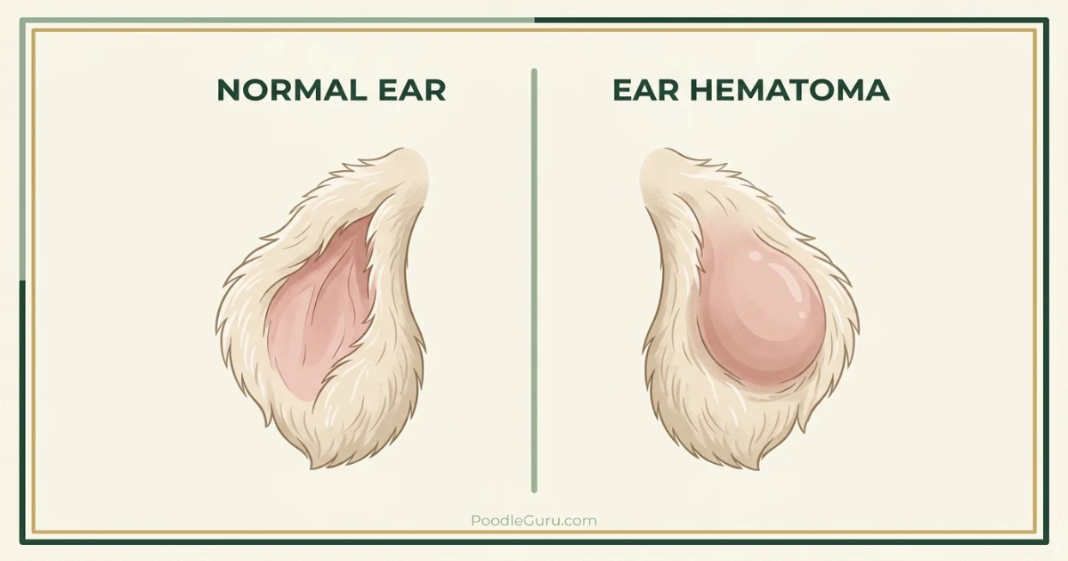 Illustration comparing a normal poodle ear with an ear affected by hematoma swelling
