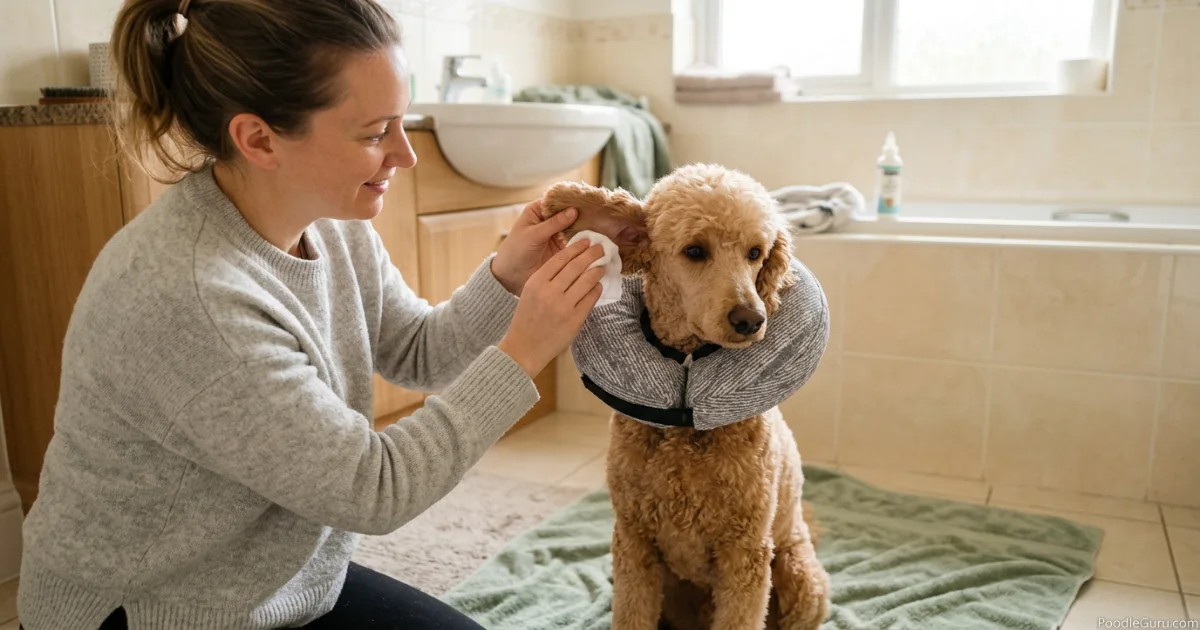 Owner cleaning poodle's ear with a cotton pad while dog wears a soft recovery collar