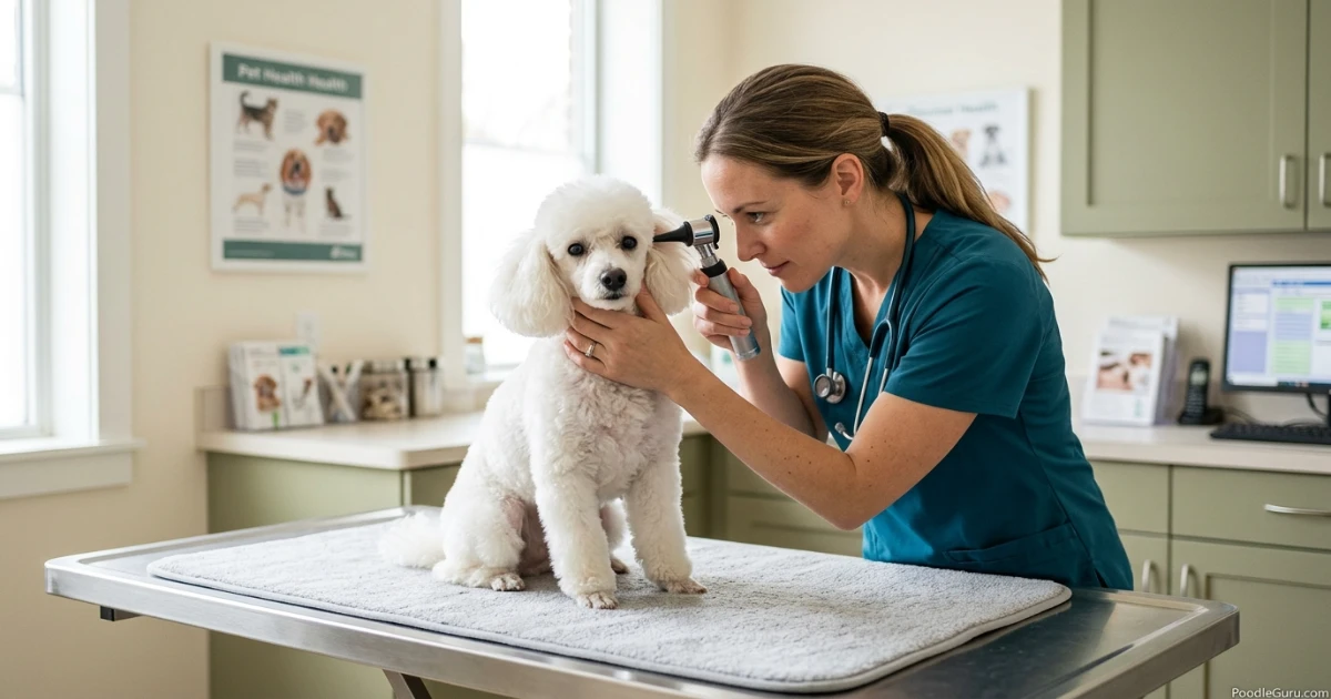 Veterinarian examining a Miniature Poodle's ear with an otoscope
