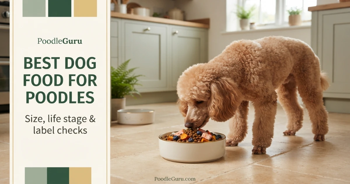 Standard Poodle eating nutritious food from a bowl with whole food ingredients nearby