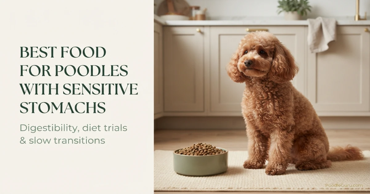 Miniature red poodle looking at a bowl of sensitive stomach dog food in a sunny kitchen