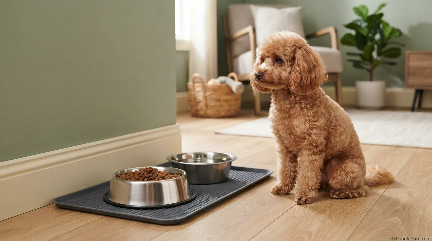 Organized poodle feeding station with slow feeder dog bowl and non-slip mat