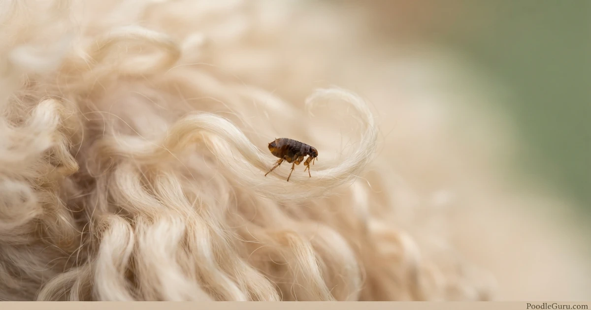 Close-up of a flea clinging to poodle hair strand