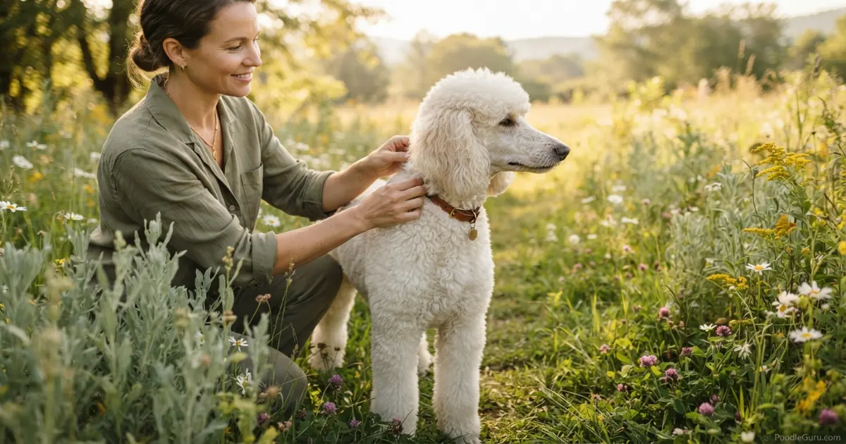 Standard Poodle being checked for fleas by owner in a meadow