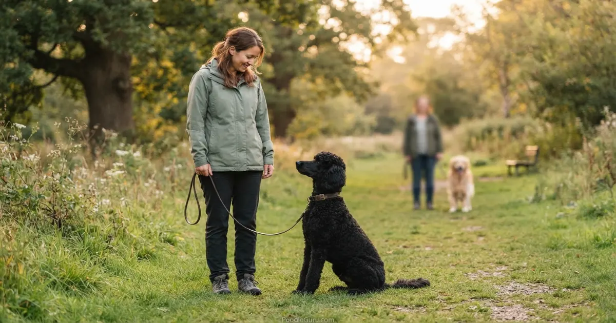 Black poodle focused on handler while another dog walks in the distance in a quiet park