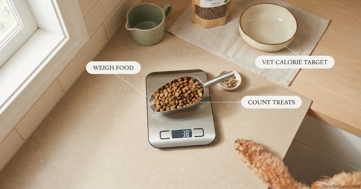 Digital scale measuring poodle kibble portion for weight management