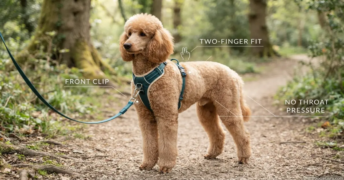 Poodle wearing properly fitted front clip harness for leash training