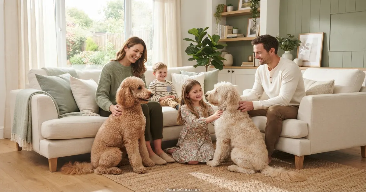 Family interacting with a Poodle and Goldendoodle in a bright home setting showing temperament differences