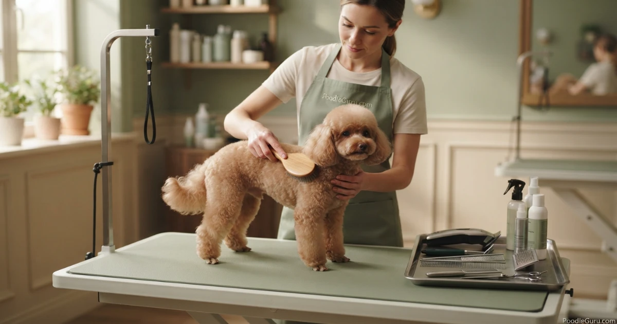 Miniature Poodle being groomed with clippers and brush