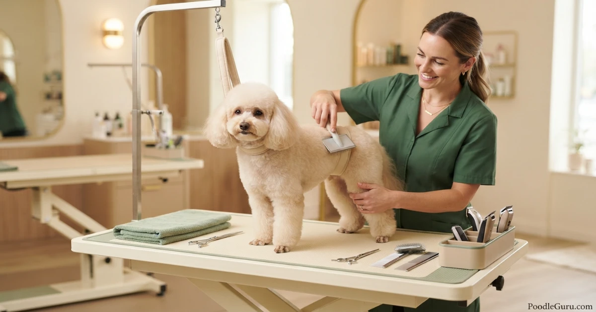 Poodle grooming cost during professional brushing session on grooming table