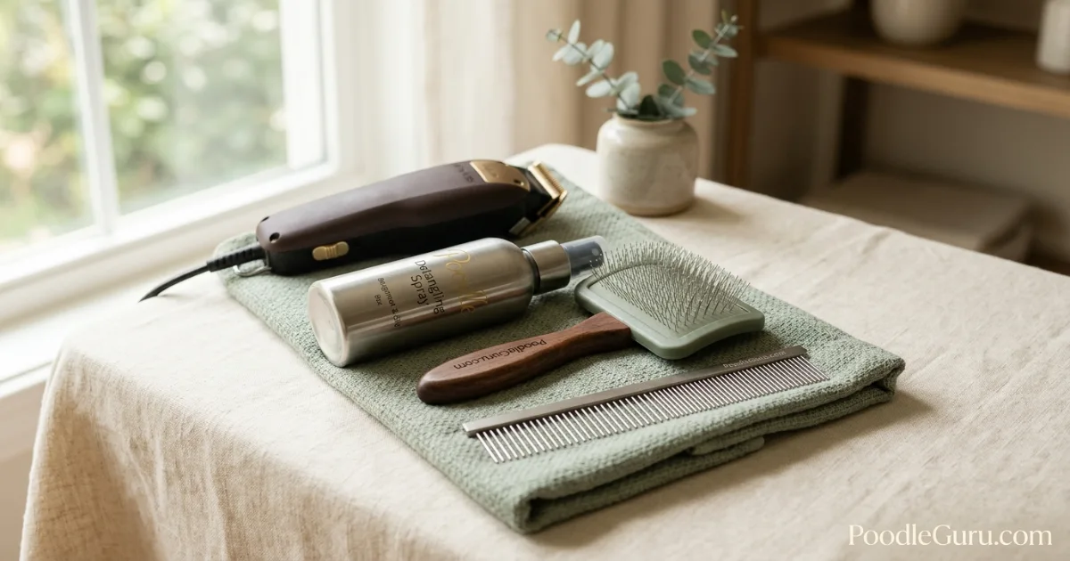 Professional dog grooming tools including slicker brush, metal comb, and clippers arranged on a light surface
