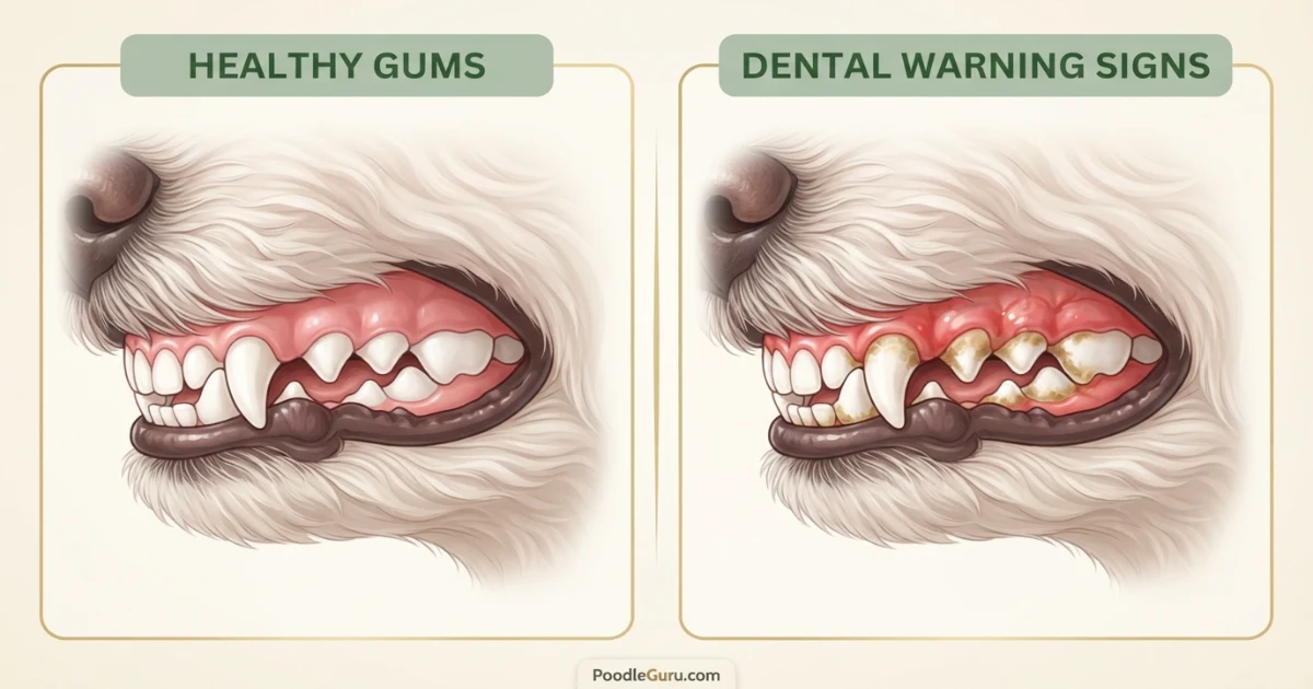 Healthy vs diseased poodle gums — comparing normal gum tissue to signs of poodle bad breath causes