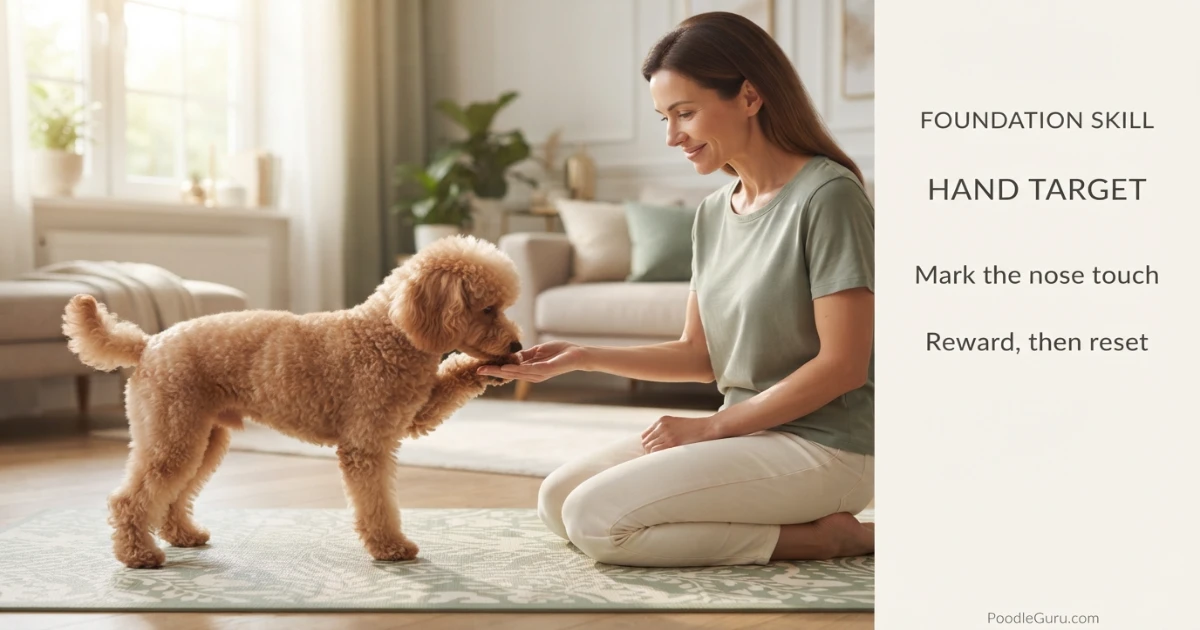 Toy Poodle learning a hand target as a foundation for trick training